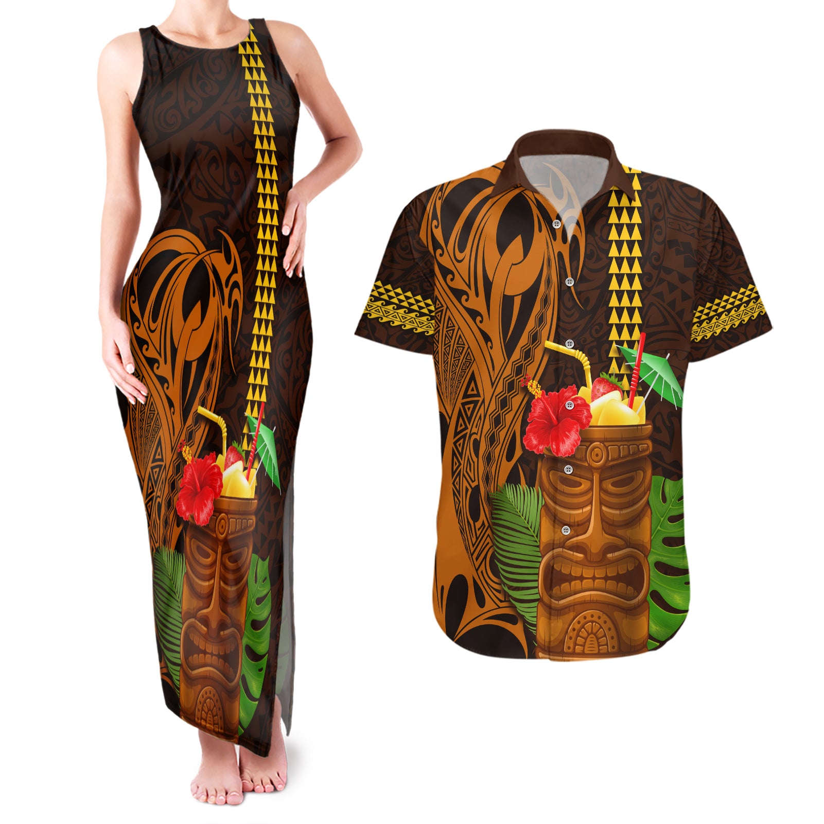 Hawaii Tiki Mask Cocktail Couples Matching Tank Maxi Dress and Hawaiian Shirt Kakau Tattoo LT03 Brown - Polynesian Pride