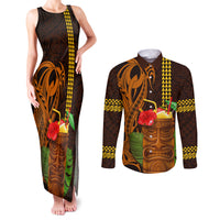 Hawaii Tiki Mask Cocktail Couples Matching Tank Maxi Dress and Long Sleeve Button Shirt Kakau Tattoo LT03 Brown - Polynesian Pride