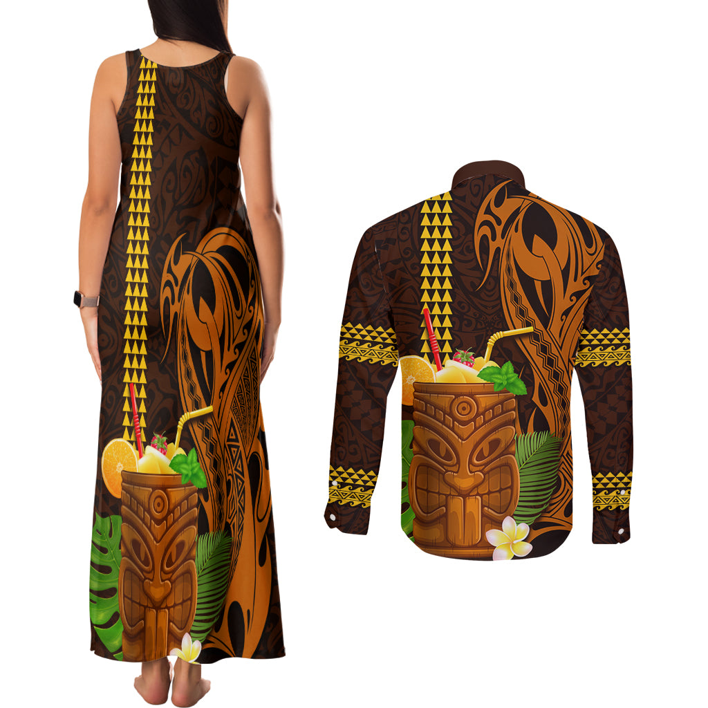 Hawaii Tiki Mask Cocktail Couples Matching Tank Maxi Dress and Long Sleeve Button Shirt Kakau Tattoo LT03 - Polynesian Pride