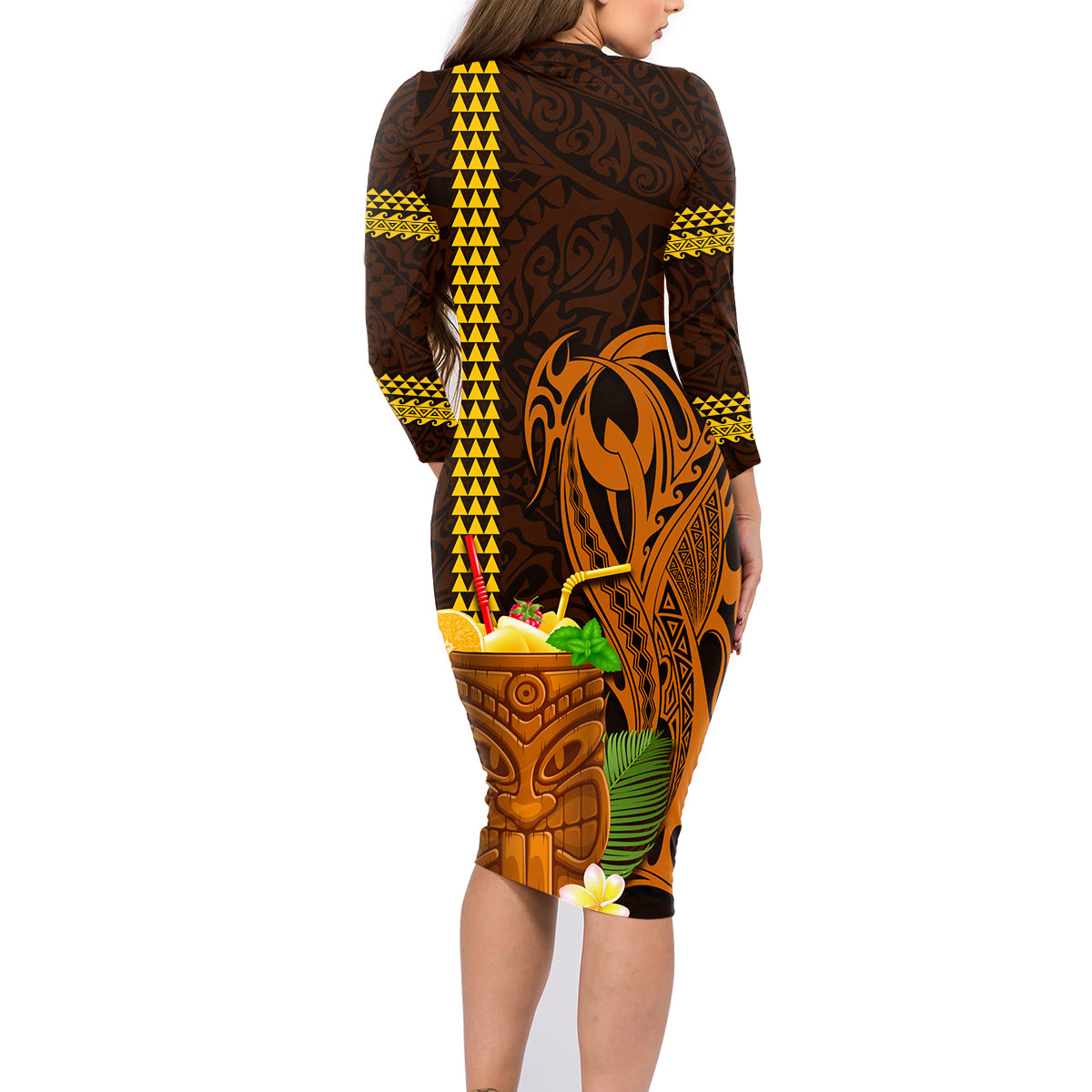 Hawaii Tiki Mask Cocktail Family Matching Long Sleeve Bodycon Dress and Hawaiian Shirt Kakau Tattoo LT03 - Polynesian Pride