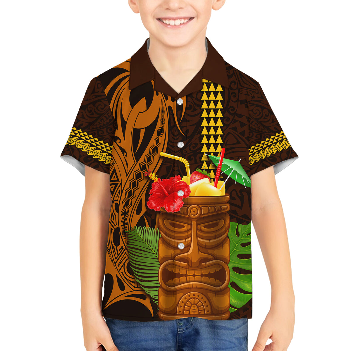 Hawaii Tiki Mask Cocktail Family Matching Off Shoulder Short Dress and Hawaiian Shirt Kakau Tattoo LT03 Son's Shirt Brown - Polynesian Pride