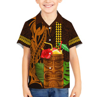 Hawaii Tiki Mask Cocktail Family Matching Off Shoulder Short Dress and Hawaiian Shirt Kakau Tattoo LT03 Son's Shirt Brown - Polynesian Pride
