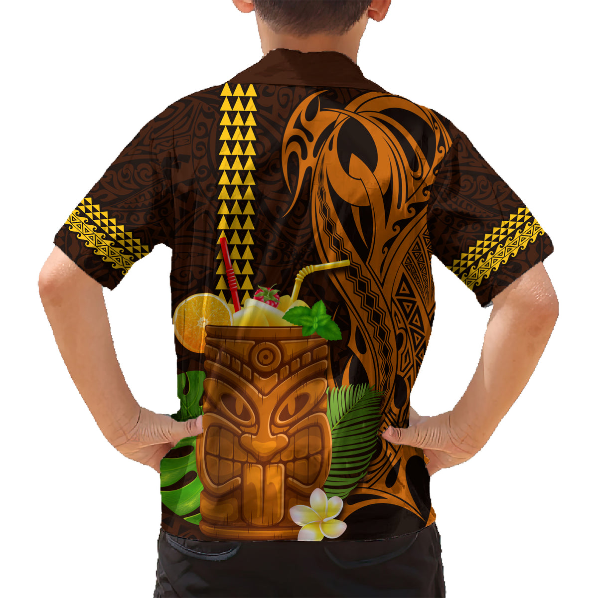 Hawaii Tiki Mask Cocktail Kid Hawaiian Shirt Kakau Tattoo LT03 - Polynesian Pride