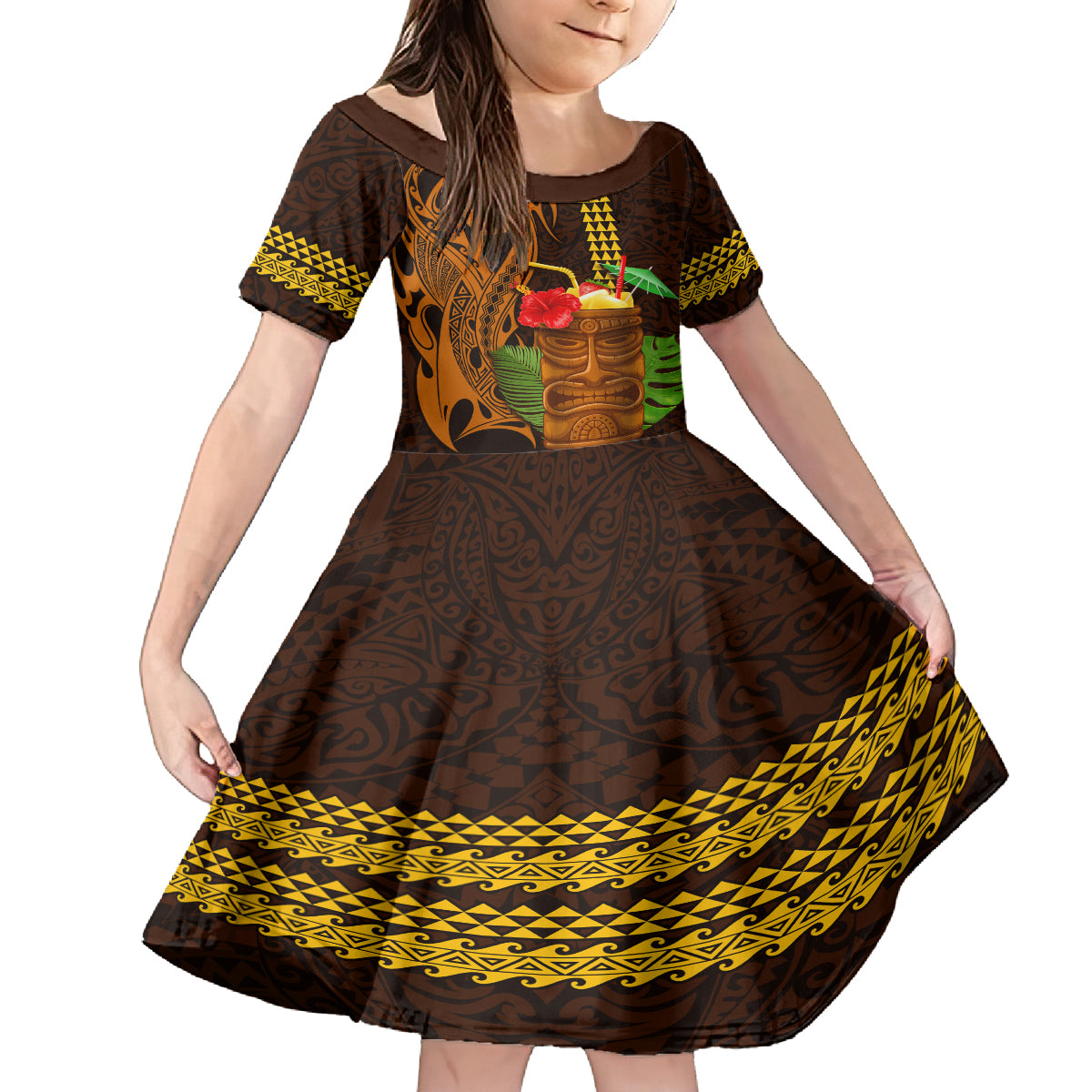 Hawaii Tiki Mask Cocktail Kid Short Sleeve Dress Kakau Tattoo LT03 KID Brown - Polynesian Pride