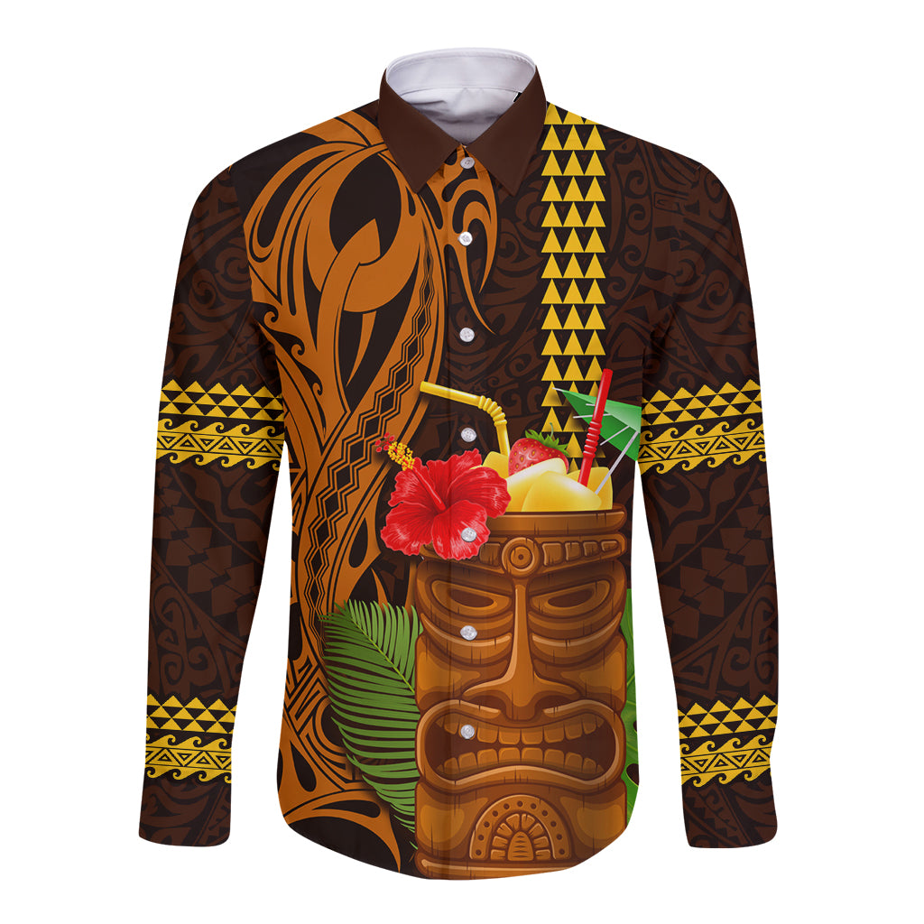 Hawaii Tiki Mask Cocktail Long Sleeve Button Shirt Kakau Tattoo LT03 Unisex Brown - Polynesian Pride