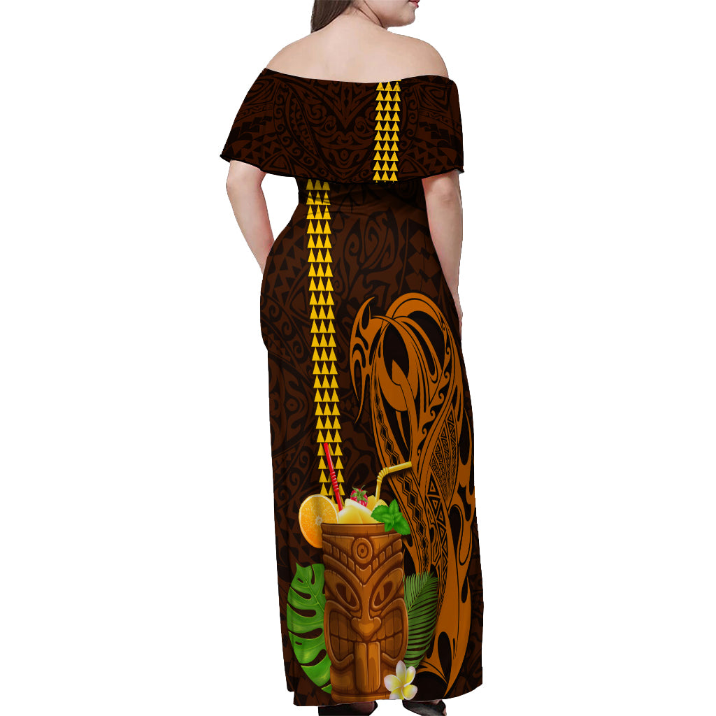 Hawaii Tiki Mask Cocktail Off Shoulder Maxi Dress Kakau Tattoo LT03 - Polynesian Pride