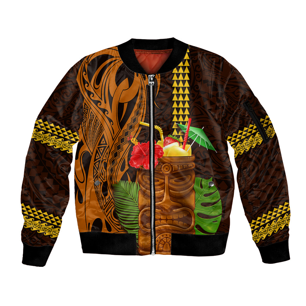 Hawaii Tiki Mask Cocktail Sleeve Zip Bomber Jacket Kakau Tattoo LT03 Unisex Brown - Polynesian Pride