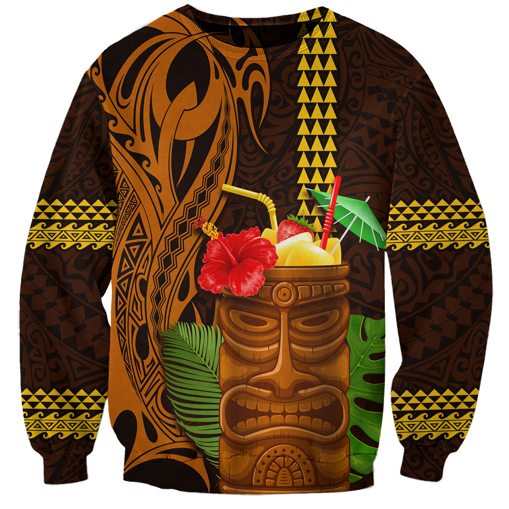 Hawaii Tiki Mask Cocktail Sweatshirt Kakau Tattoo LT03 Unisex Brown - Polynesian Pride