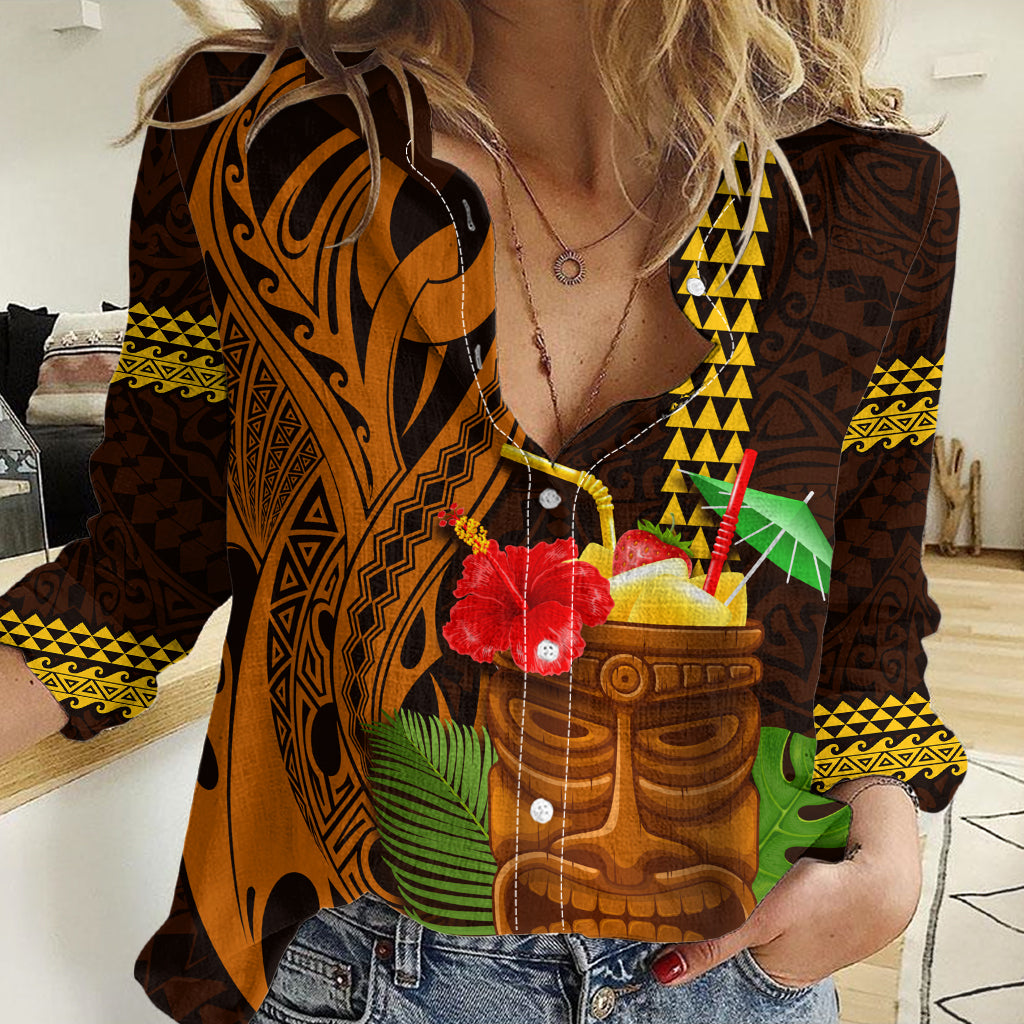 Hawaii Tiki Mask Cocktail Women Casual Shirt Kakau Tattoo LT03 Female Brown - Polynesian Pride