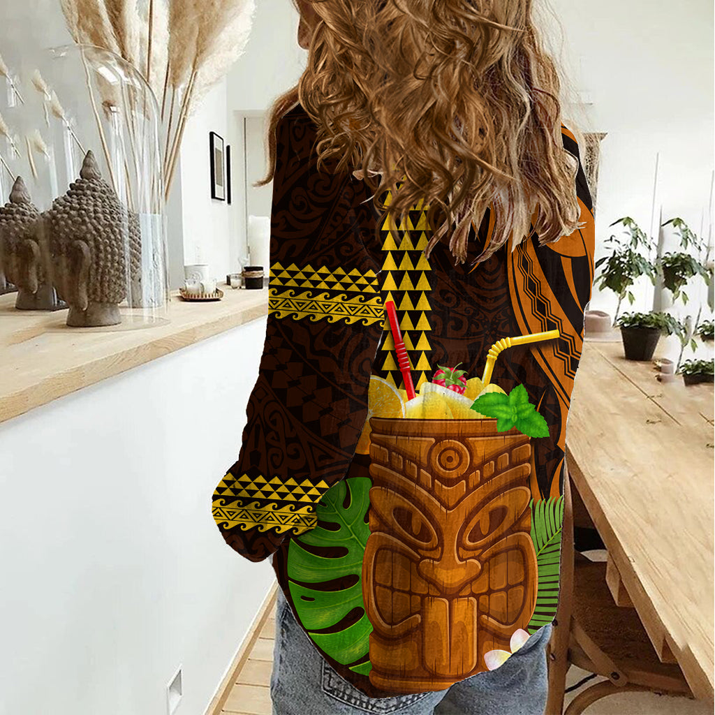 Hawaii Tiki Mask Cocktail Women Casual Shirt Kakau Tattoo LT03 - Polynesian Pride