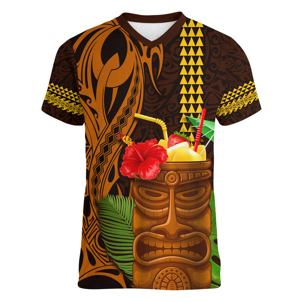 Hawaii Tiki Mask Cocktail Women V Neck T Shirt Kakau Tattoo LT03 Female Brown - Polynesian Pride