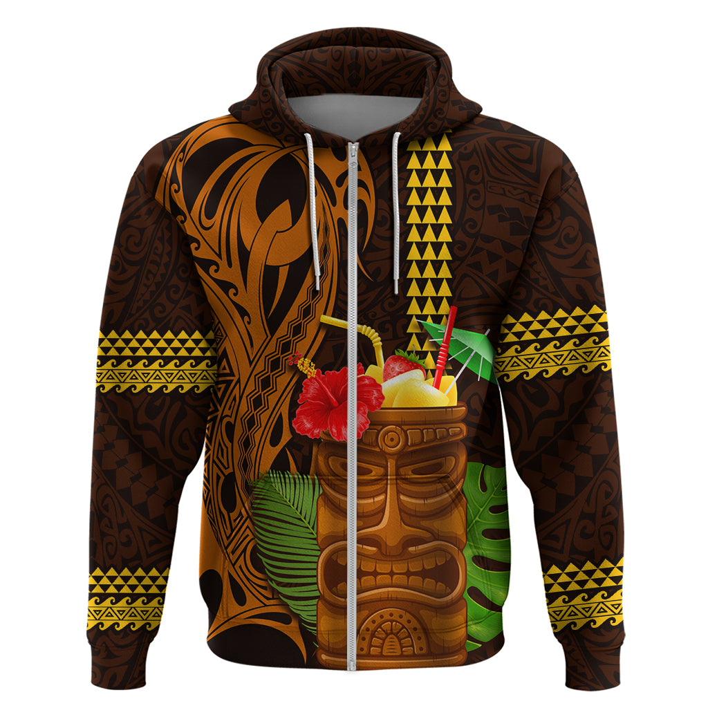 Hawaii Tiki Mask Cocktail Zip Hoodie Kakau Tattoo LT03 Zip Hoodie Brown - Polynesian Pride