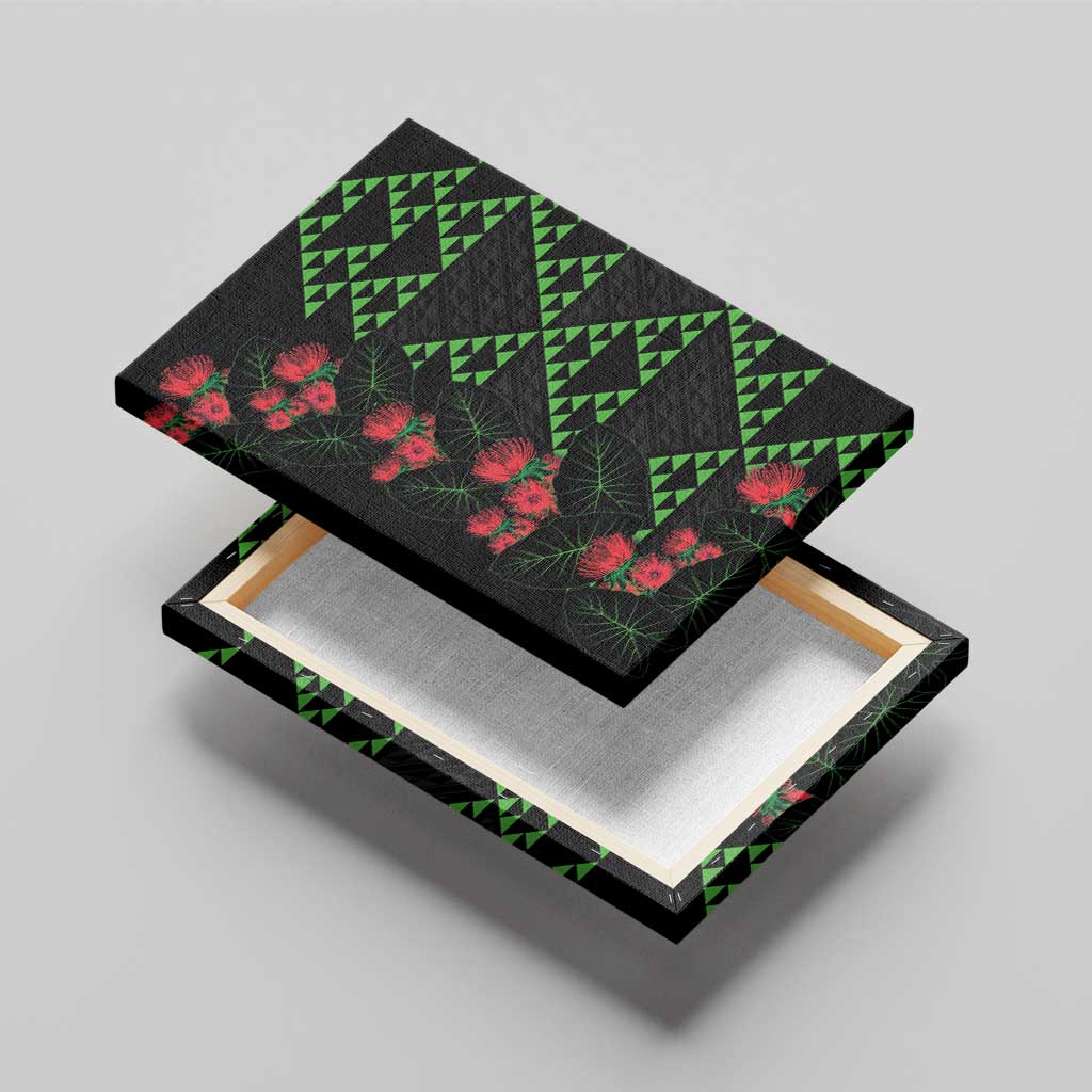 Hawaiian Green Kakau Art Tattoo-Ohia Lehua and Taro Leaves Canvas Wall Art