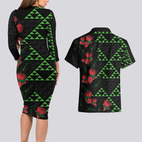 Hawaiian Green Kakau Art Tattoo-Ohia Lehua and Taro Leaves Couples Matching Long Sleeve Bodycon Dress and Hawaiian Shirt