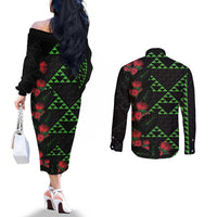 Hawaiian Green Kakau Art Tattoo-Ohia Lehua and Taro Leaves Couples Matching Off The Shoulder Long Sleeve Dress and Long Sleeve Button Shirt