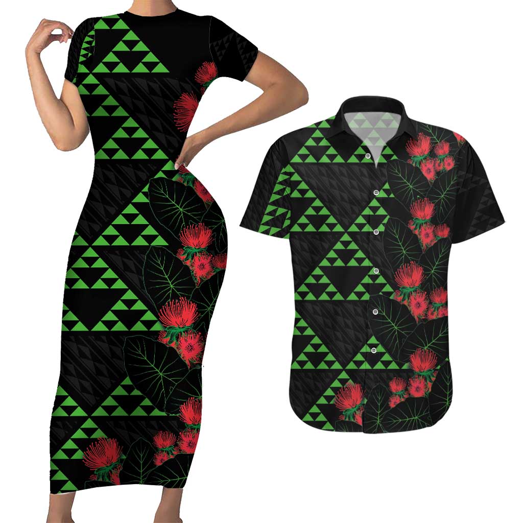 Hawaiian Green Kakau Art Tattoo-Ohia Lehua and Taro Leaves Couples Matching Short Sleeve Bodycon Dress and Hawaiian Shirt