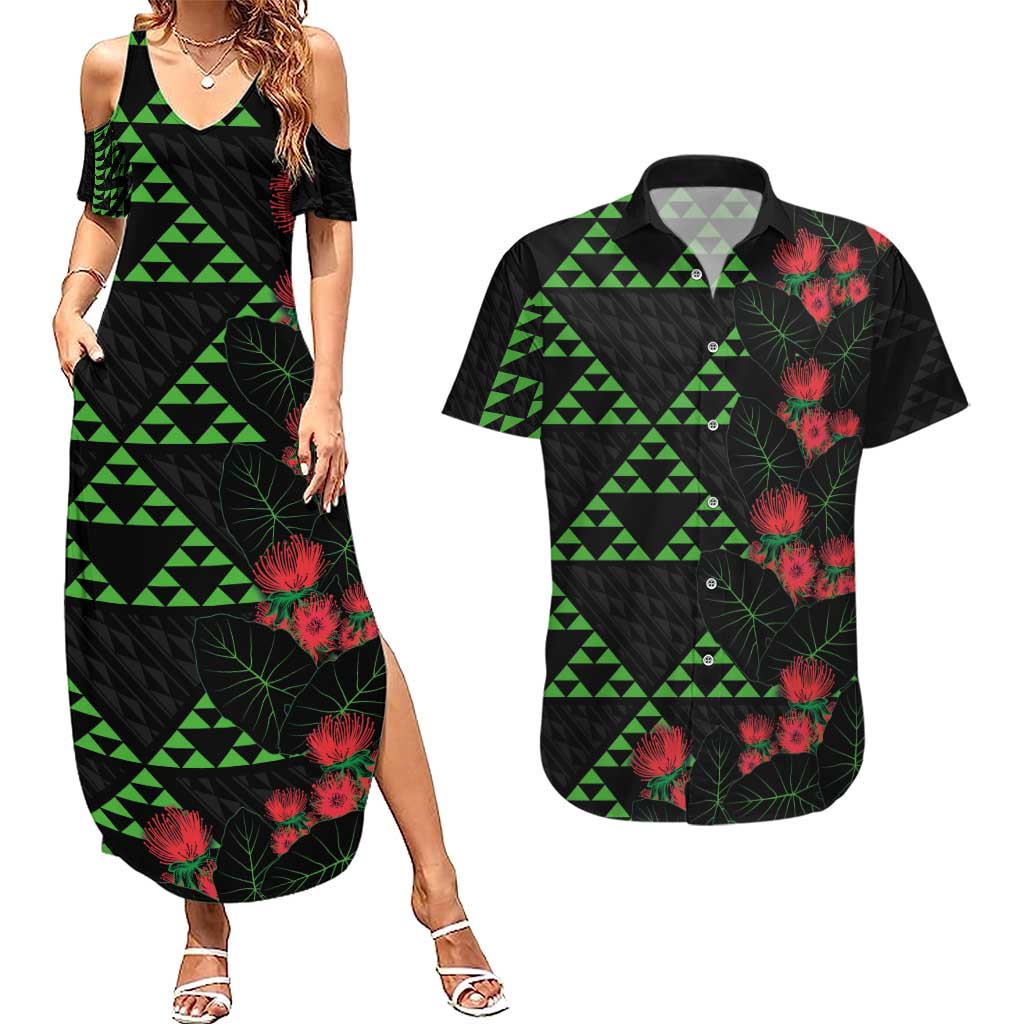 Hawaiian Green Kakau Art Tattoo-Ohia Lehua and Taro Leaves Couples Matching Summer Maxi Dress and Hawaiian Shirt