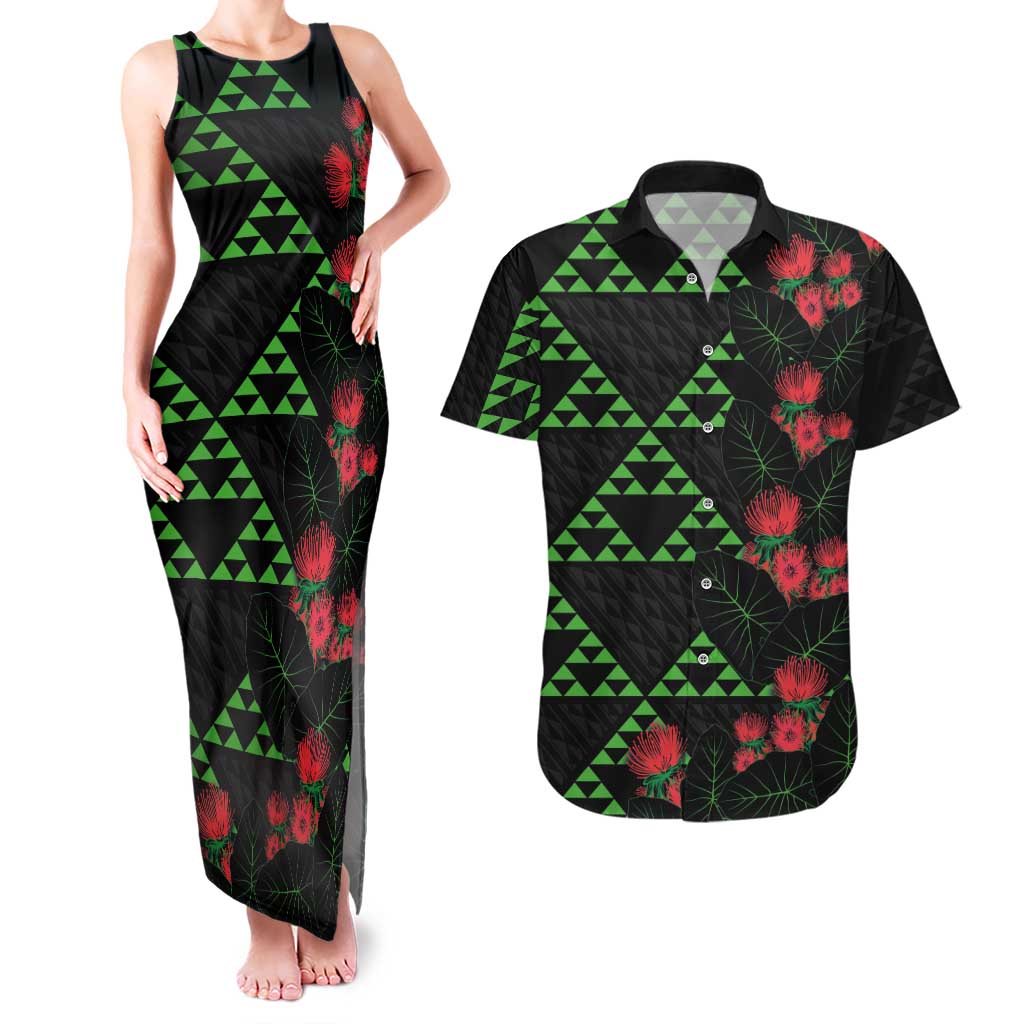 Hawaiian Green Kakau Art Tattoo-Ohia Lehua and Taro Leaves Couples Matching Tank Maxi Dress and Hawaiian Shirt