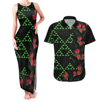 Hawaiian Green Kakau Art Tattoo-Ohia Lehua and Taro Leaves Couples Matching Tank Maxi Dress and Hawaiian Shirt