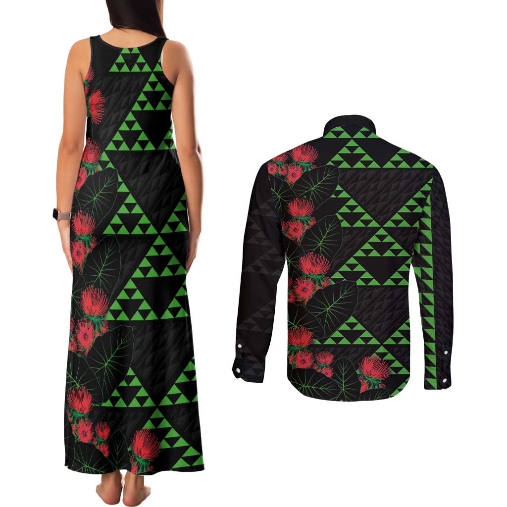 Hawaiian Green Kakau Art Tattoo-Ohia Lehua and Taro Leaves Couples Matching Tank Maxi Dress and Long Sleeve Button Shirt