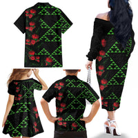 Hawaiian Green Kakau Art Tattoo-Ohia Lehua and Taro Leaves Family Matching Off The Shoulder Long Sleeve Dress and Hawaiian Shirt