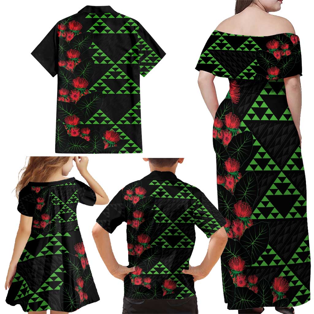 Hawaiian Green Kakau Art Tattoo-Ohia Lehua and Taro Leaves Family Matching Off Shoulder Maxi Dress and Hawaiian Shirt