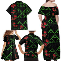 Hawaiian Green Kakau Art Tattoo-Ohia Lehua and Taro Leaves Family Matching Off Shoulder Maxi Dress and Hawaiian Shirt