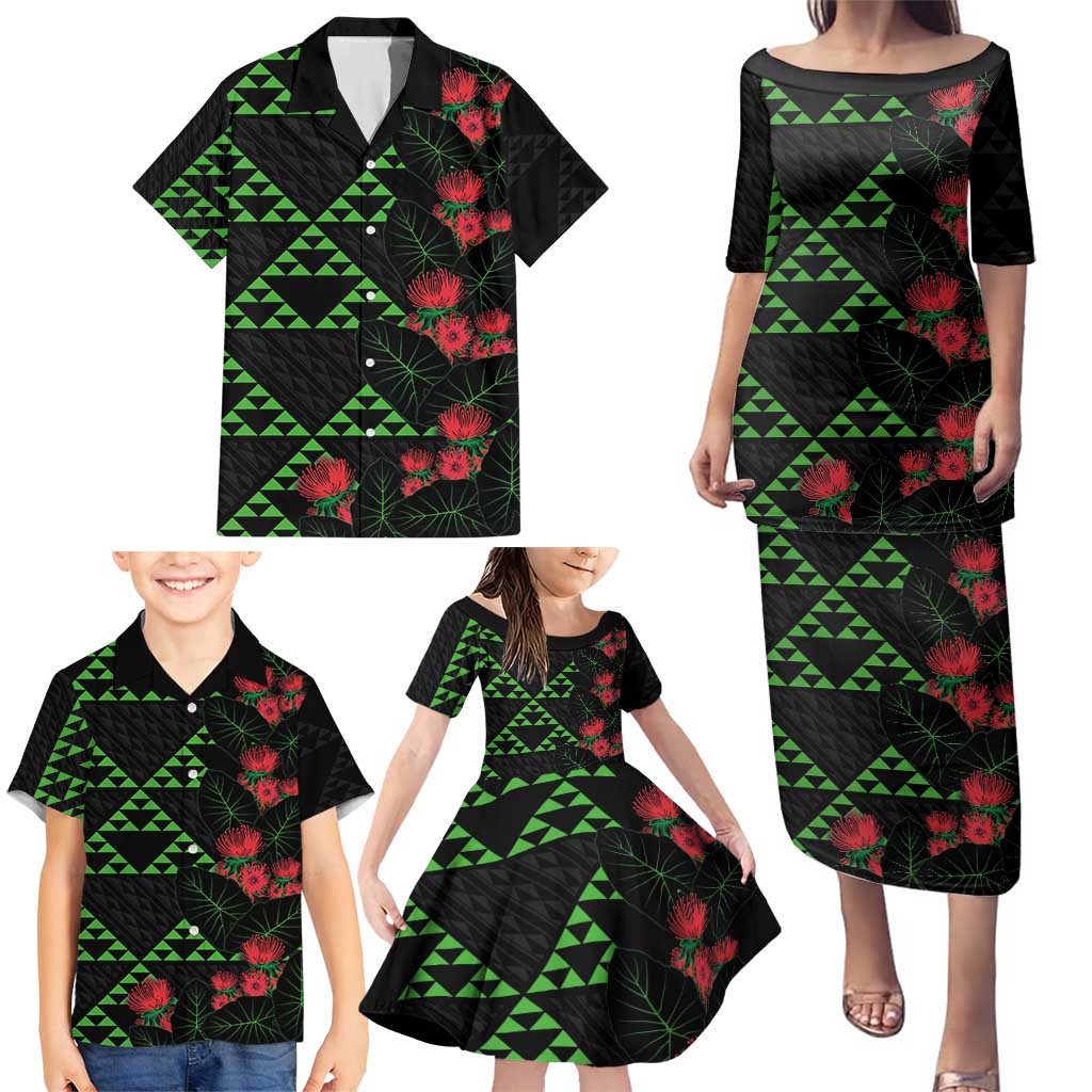 Hawaiian Green Kakau Art Tattoo-Ohia Lehua and Taro Leaves Family Matching Puletasi and Hawaiian Shirt