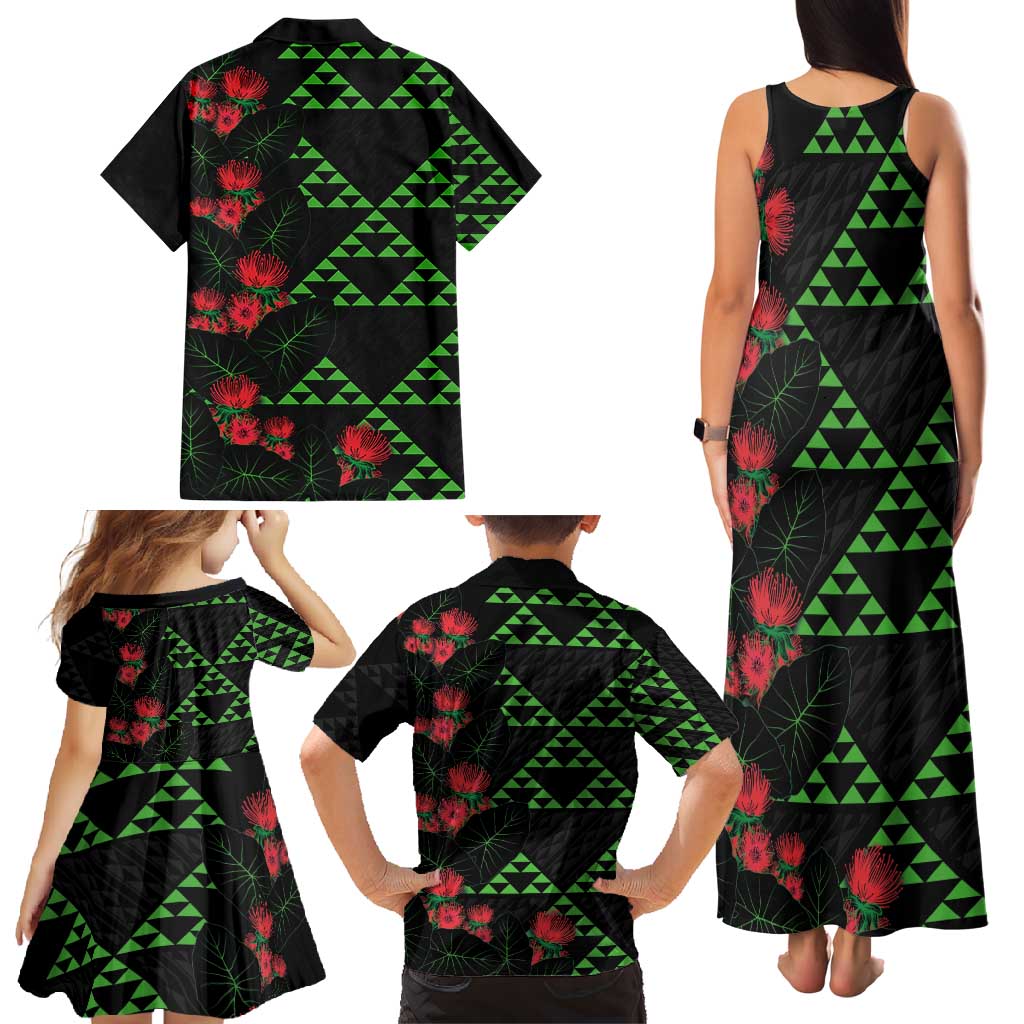 Hawaiian Green Kakau Art Tattoo-Ohia Lehua and Taro Leaves Family Matching Tank Maxi Dress and Hawaiian Shirt