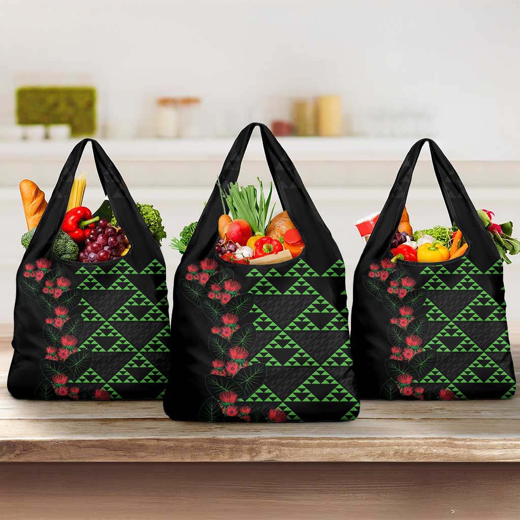 Hawaiian Green Kakau Art Tattoo-Ohia Lehua and Taro Leaves Grocery Bag LT03 3-pack One Size Black-Green - Polynesian Pride