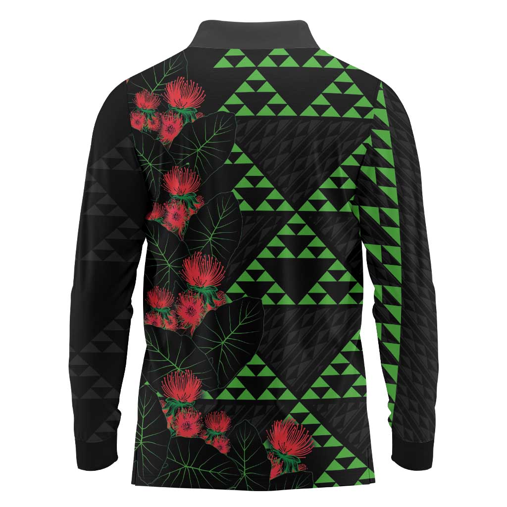 Hawaiian Green Kakau Art Tattoo-Ohia Lehua and Taro Leaves Long Sleeve Polo Shirt