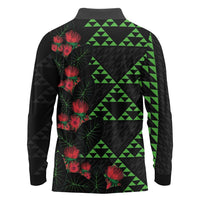 Hawaiian Green Kakau Art Tattoo-Ohia Lehua and Taro Leaves Long Sleeve Polo Shirt