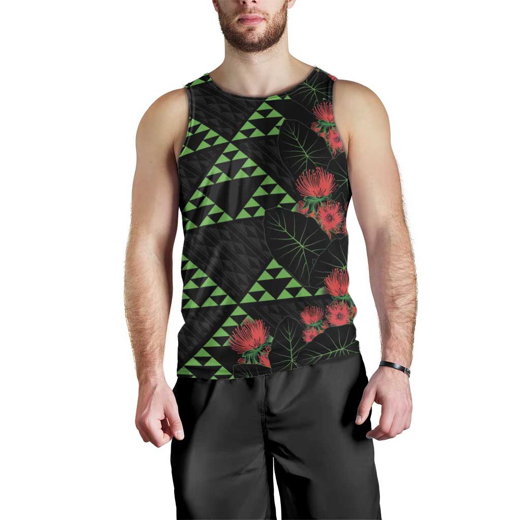 Hawaiian Green Kakau Art Tattoo-Ohia Lehua and Taro Leaves Men Tank Top