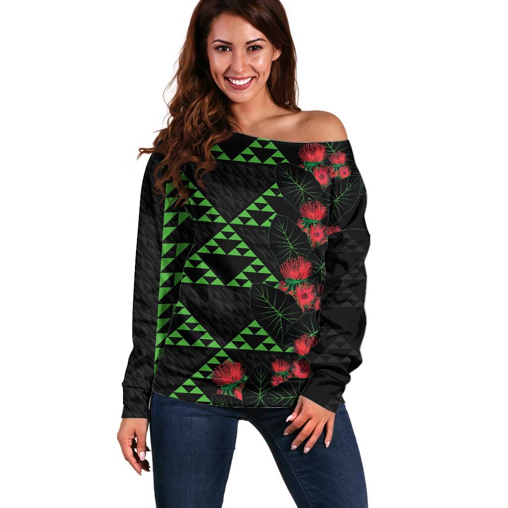 Hawaiian Green Kakau Art Tattoo-Ohia Lehua and Taro Leaves Off Shoulder Sweater