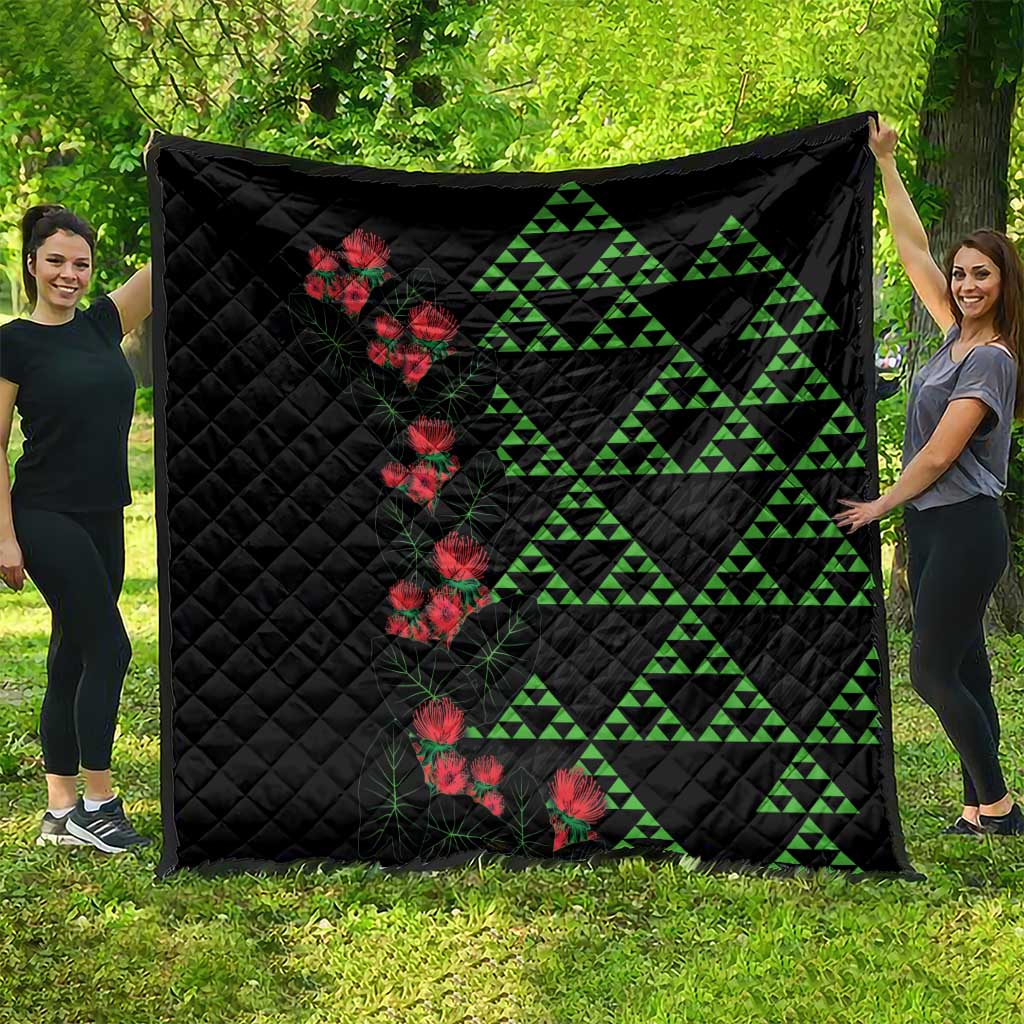 Hawaiian Green Kakau Art Tattoo-Ohia Lehua and Taro Leaves Quilt