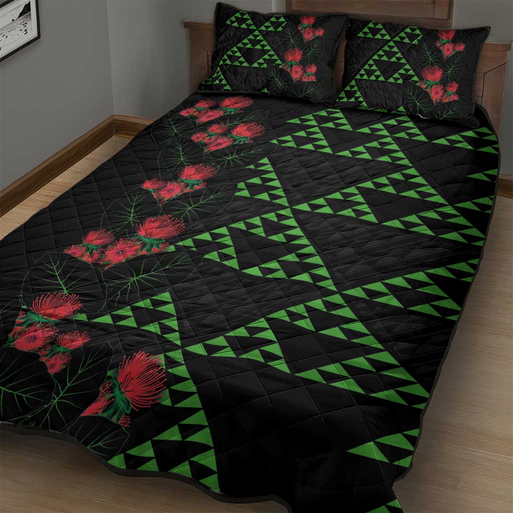 Hawaiian Green Kakau Art Tattoo-Ohia Lehua and Taro Leaves Quilt Bed Set