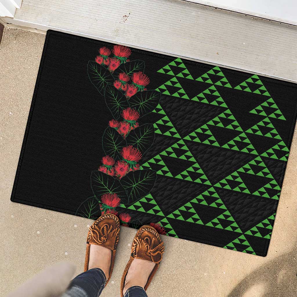 Hawaiian Green Kakau Art Tattoo-Ohia Lehua and Taro Leaves Rubber Doormat