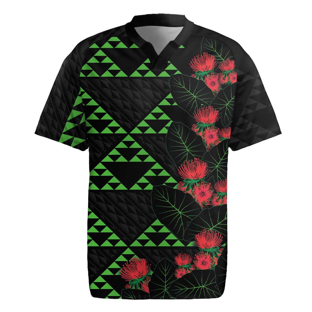 Hawaiian Green Kakau Art Tattoo-Ohia Lehua and Taro Leaves Rugby Jersey LT03 Black-Green - Polynesian Pride