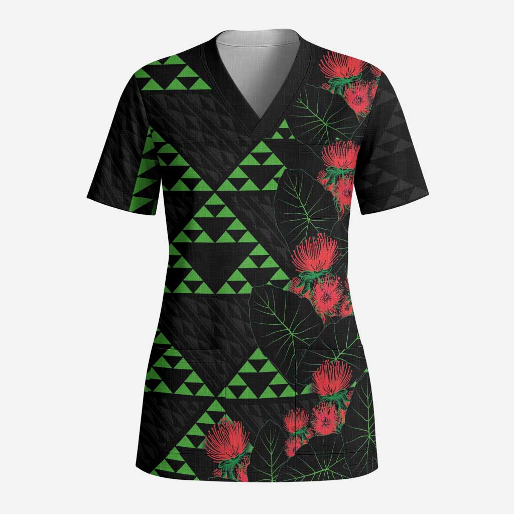 Hawaiian Green Kakau Art Tattoo-Ohia Lehua and Taro Leaves Scrub Top - Polynesian Pride