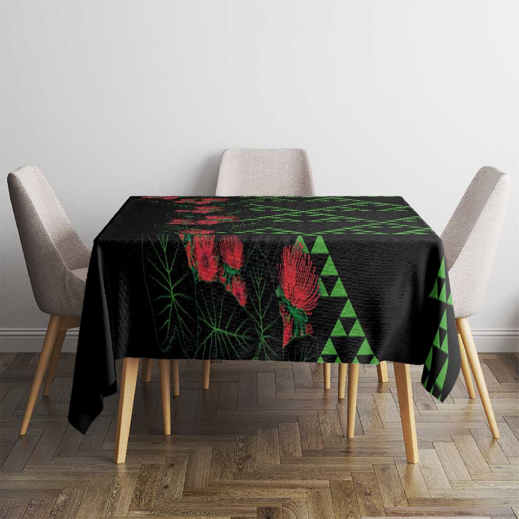 Hawaiian Green Kakau Art Tattoo-Ohia Lehua and Taro Leaves Tablecloth