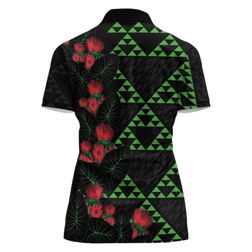 Hawaiian Green Kakau Art Tattoo-Ohia Lehua and Taro Leaves Women Polo Shirt