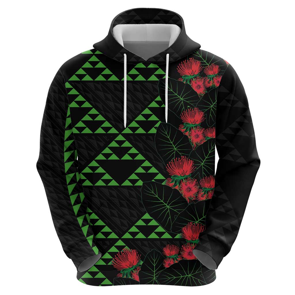 Hawaiian Green Kakau Art Tattoo-Ohia Lehua and Taro Leaves Zip Hoodie