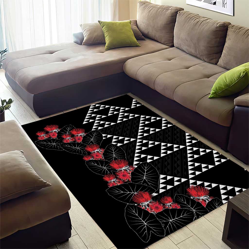 Hawaiian White Kakau Art Tattoo-Ohia Lehua and Taro Leaves Area Rug