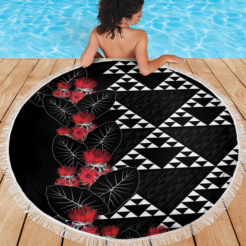 Hawaiian White Kakau Art Tattoo-Ohia Lehua and Taro Leaves Beach Blanket