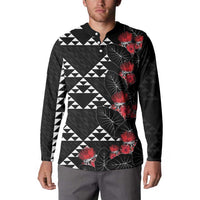 Hawaiian White Kakau Art Tattoo-Ohia Lehua and Taro Leaves Button Sweatshirt