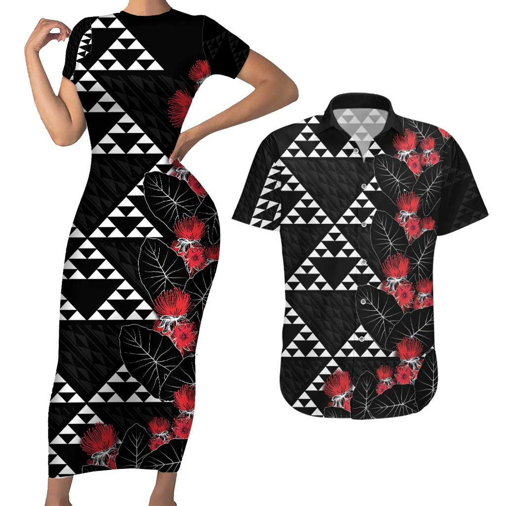 Hawaiian White Kakau Art Tattoo-Ohia Lehua and Taro Leaves Couples Matching Short Sleeve Bodycon Dress and Hawaiian Shirt