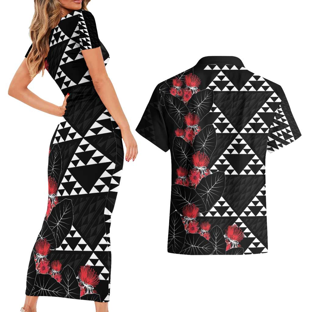Hawaiian White Kakau Art Tattoo-Ohia Lehua and Taro Leaves Couples Matching Short Sleeve Bodycon Dress and Hawaiian Shirt
