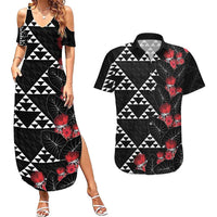 Hawaiian White Kakau Art Tattoo-Ohia Lehua and Taro Leaves Couples Matching Summer Maxi Dress and Hawaiian Shirt