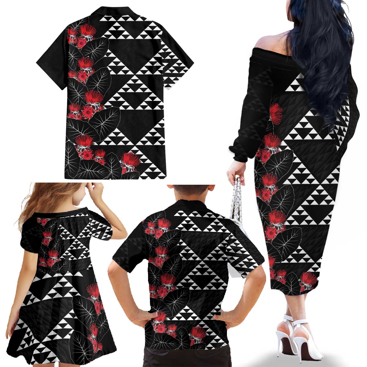 Hawaiian White Kakau Art Tattoo-Ohia Lehua and Taro Leaves Family Matching Off The Shoulder Long Sleeve Dress and Hawaiian Shirt