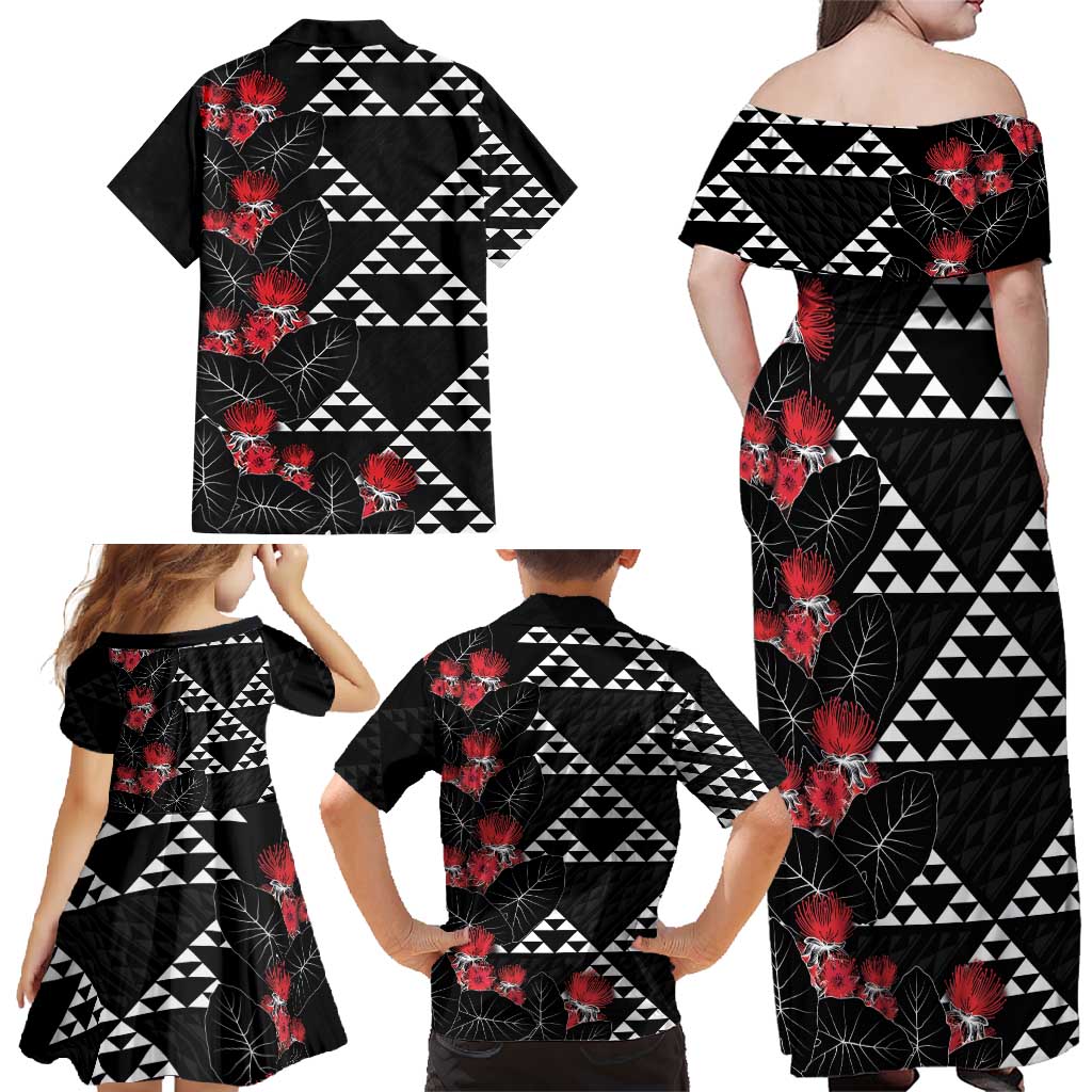 Hawaiian White Kakau Art Tattoo-Ohia Lehua and Taro Leaves Family Matching Off Shoulder Maxi Dress and Hawaiian Shirt